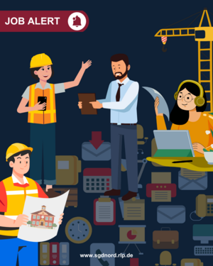 Grafik mit Aufschrift Job Alert und Symbolen, die für Arbeit im Bauwesen stehen