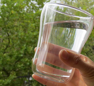 gefülltes Wasserglas vor Bäumen