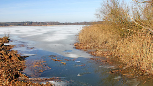 Das Foto zeigt einen gefrorenen See