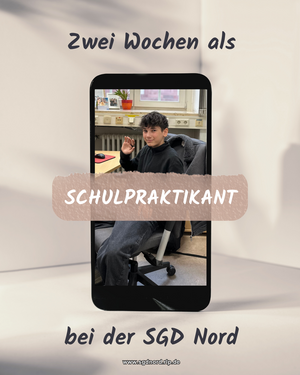 Junge im Büro und Aufschrift "Zwei Wochen als Schulpraktikant bei der SGD Nord"