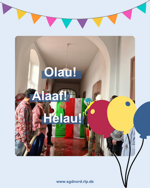 Karnevalsparty und Aufschrift "Olau, Alaaf, Helau"