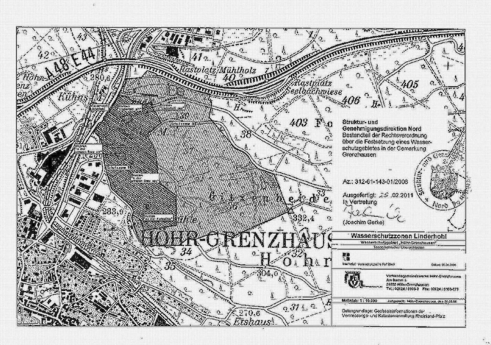 Zu sehen ist eine Übersichtskarte des Wasserschutzgebietes Höhr-Grenzhausen (Brunnen Linderhohl, u.a.)