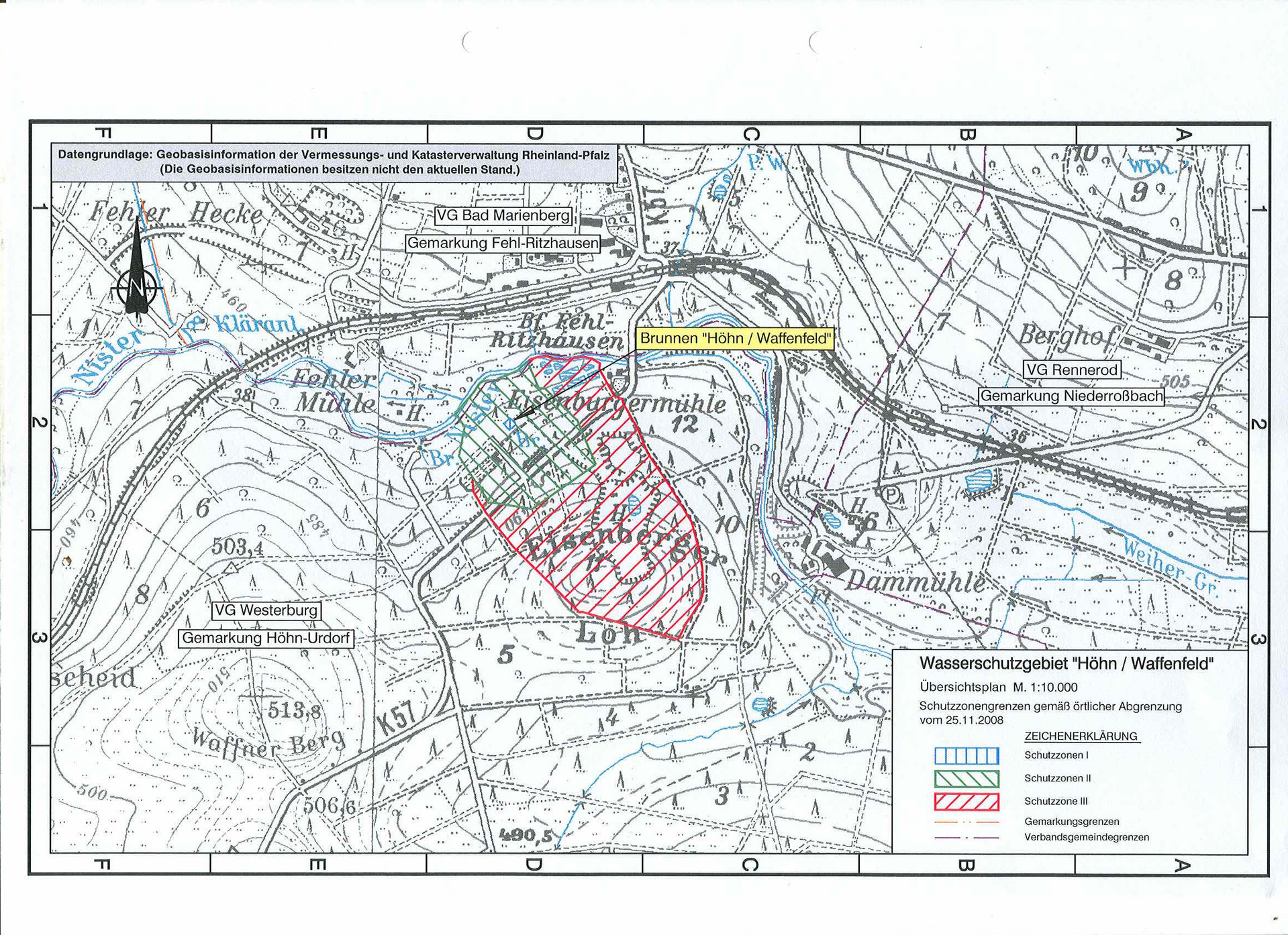 Zu sehen ist eine Übersichtskarte des Wasserschutzgebietes Westerburg (Brunnen Höhn-Waffenfeld)