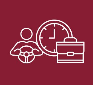 Piktogramm mit Uhr, Lenkrad und Arbeitstasche