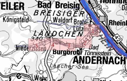 Die Karte zeigt die Überschwemmungsgebiete des Brohlbachs