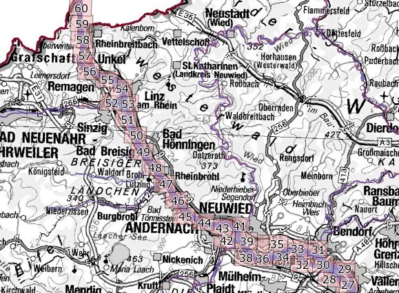 Die Karte zeigt die Überschwemmungsgebiete des nördlichen Rheins