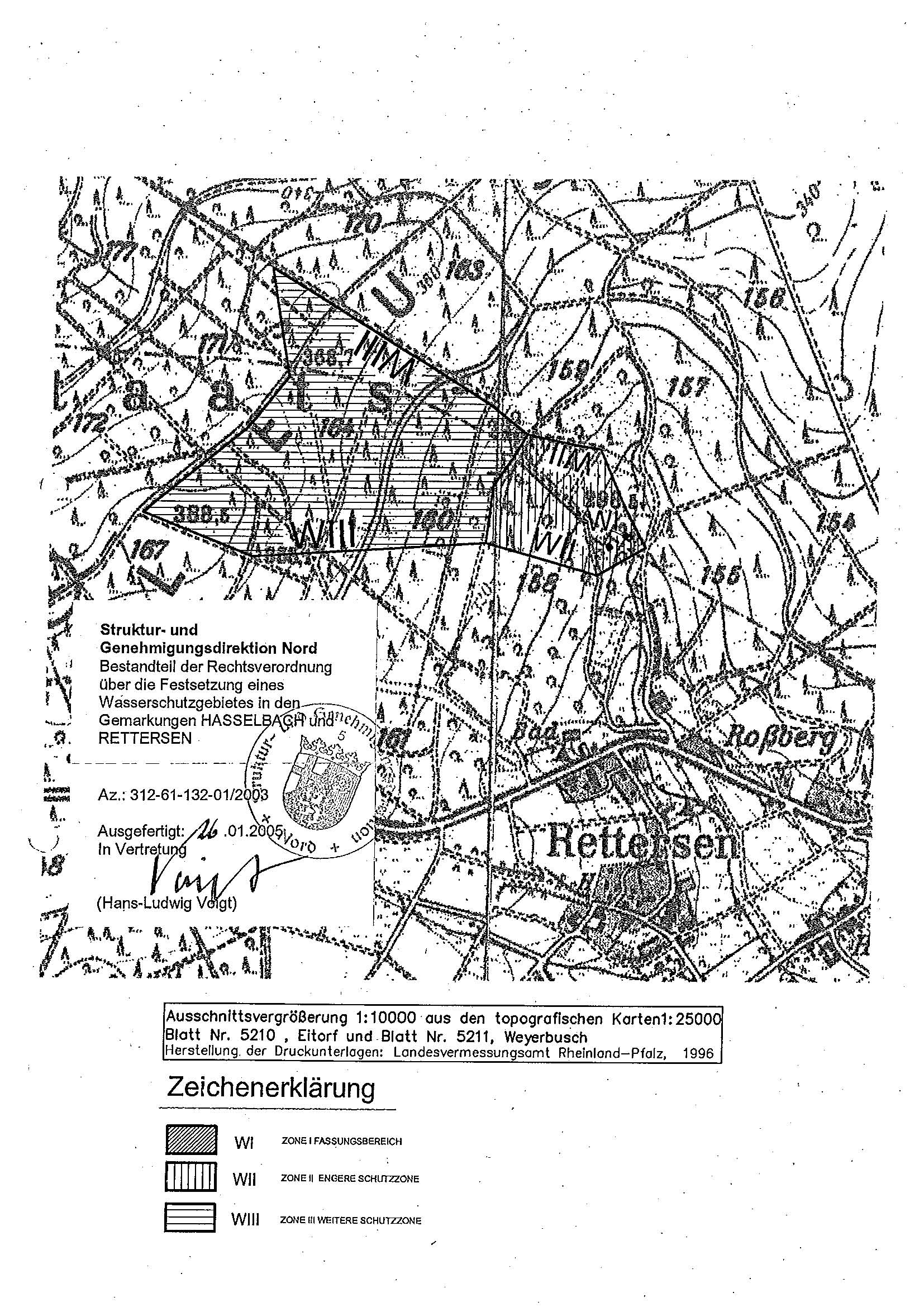 Die Übersichtskarte zeigt die Wasserschutzgebiete Altenkirchens (Schachtbrunnen 1 Hasselbach und 2 Rettersen)