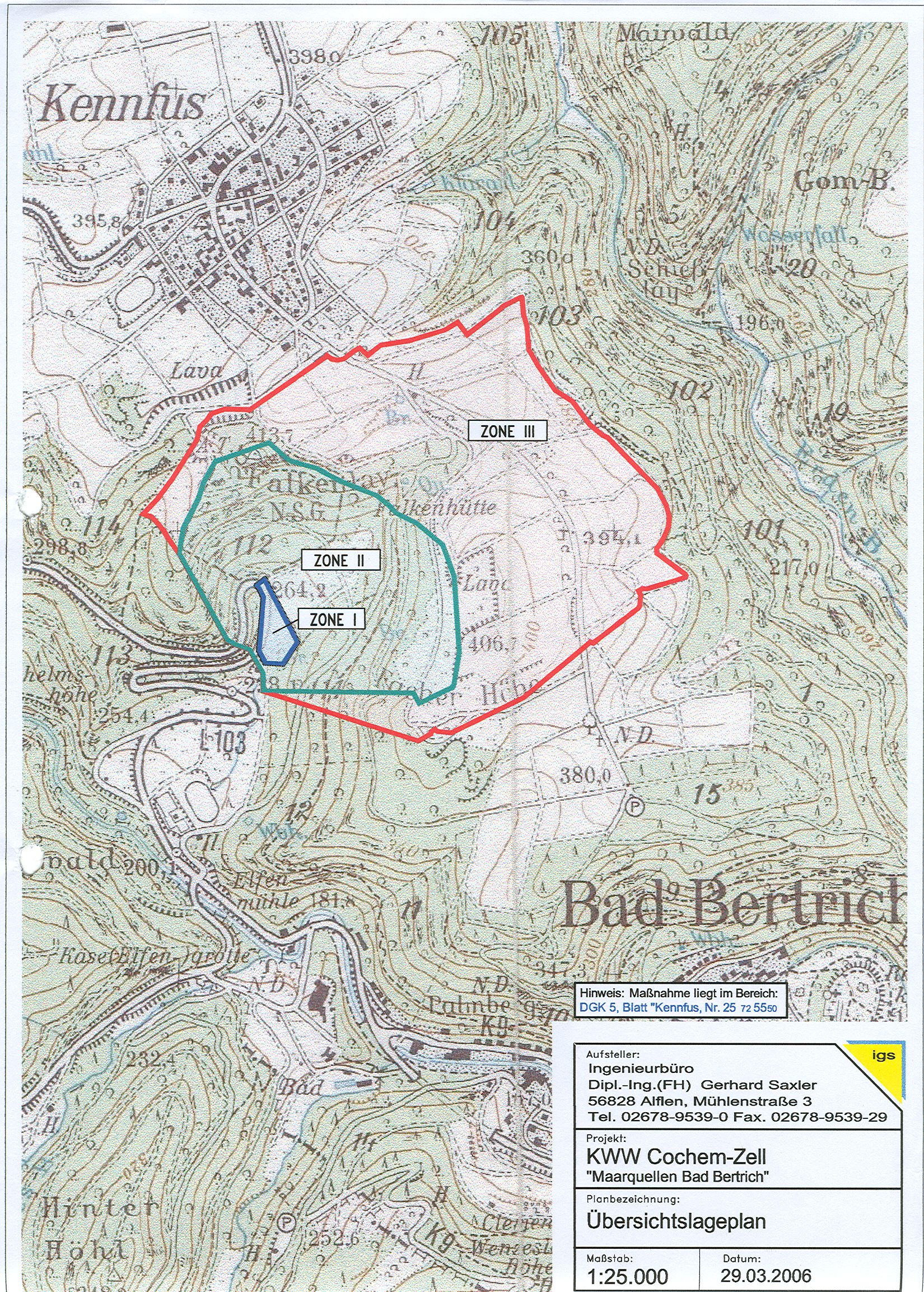Zu sehen ist eine Übersichtskarte des Wasserschutzgebietes Cochem-Zell (Maarquellen Bad Bertrich)