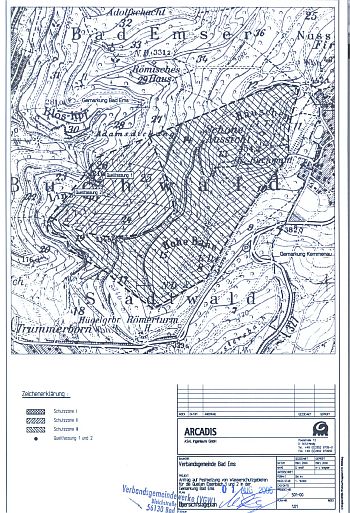Zu sehen ist eine Übersichtskarte des Wasserschutzgebietes Bad Ems (Quellen Eisenbach 1 und 2)