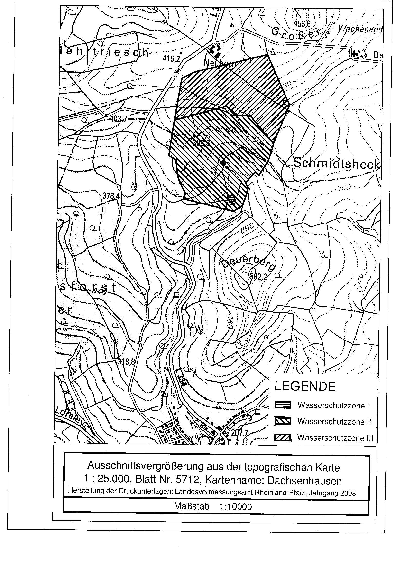 Zu sehen ist eine Übersichtskarte des Wasserschutzgebietes VG Braubach-Loreley (Brunnen 1 Dahlheim und Quelle 1 Dahlheim)