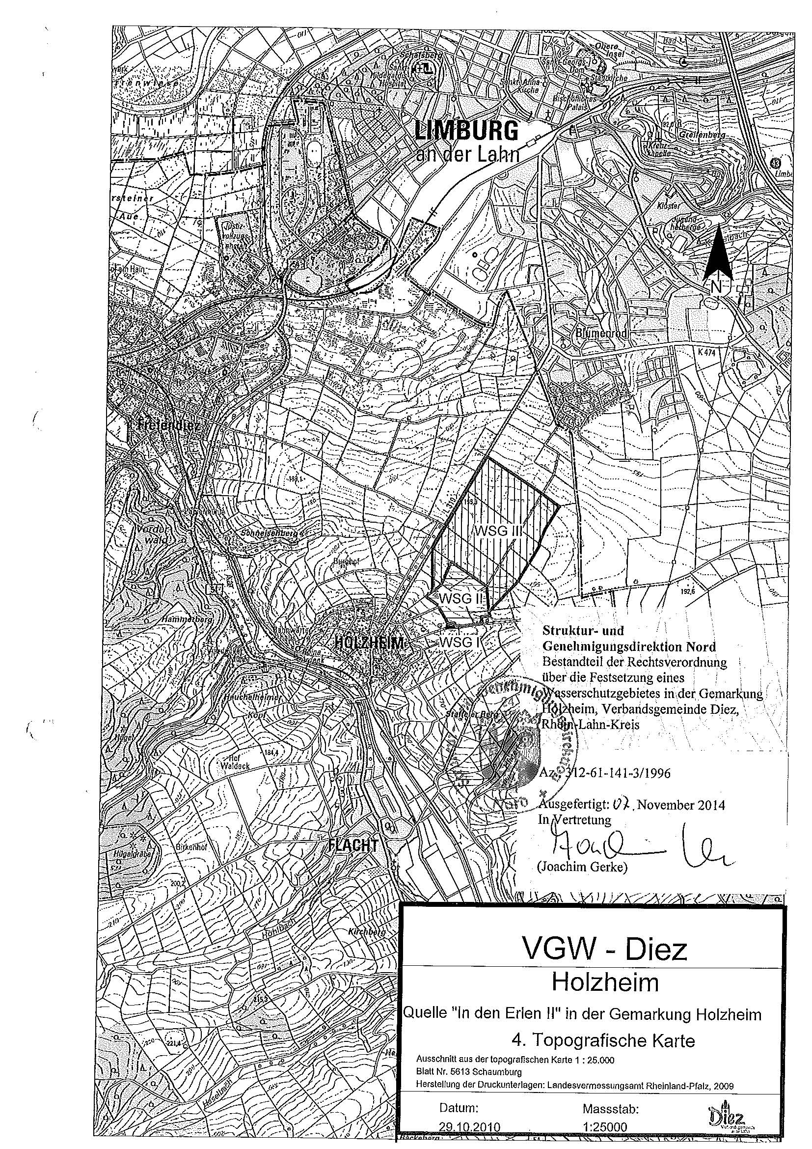 Abgebildet ist eine Übersichtskarte des Wasserschutzgebietes der VG Diez (Quelle In den Erlen 2)