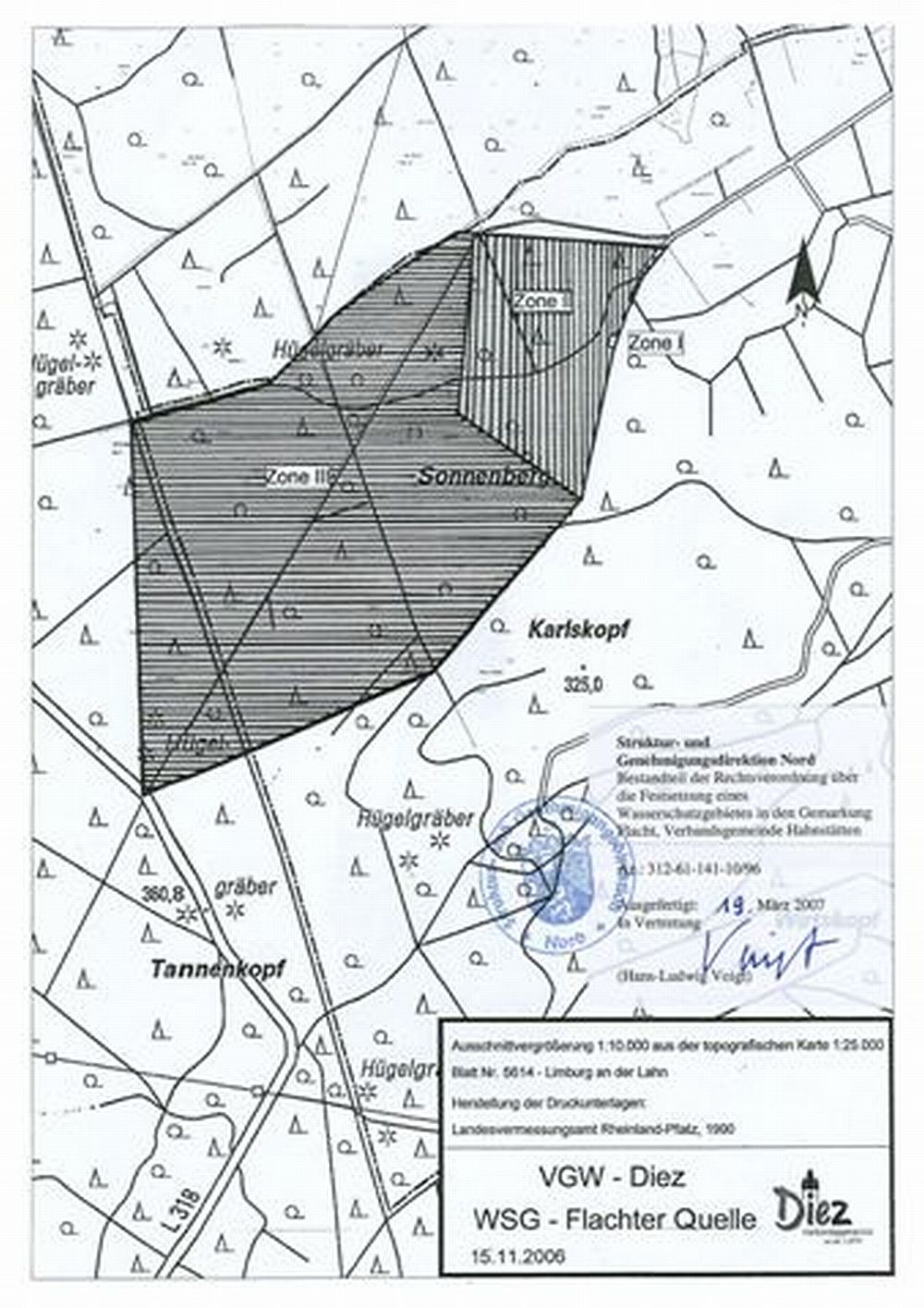 Zu sehen ist eine Übersichtskarte des Wasserschutzgebietes Hahnstätten (Quelle Flacht)