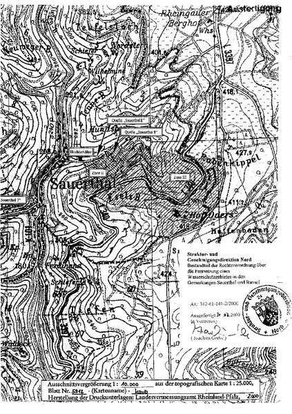 Zu sehen ist eine Übersichtskarte des Wasserschutzgebietes Loreley (Quellen Sauerthal 1 und 2)