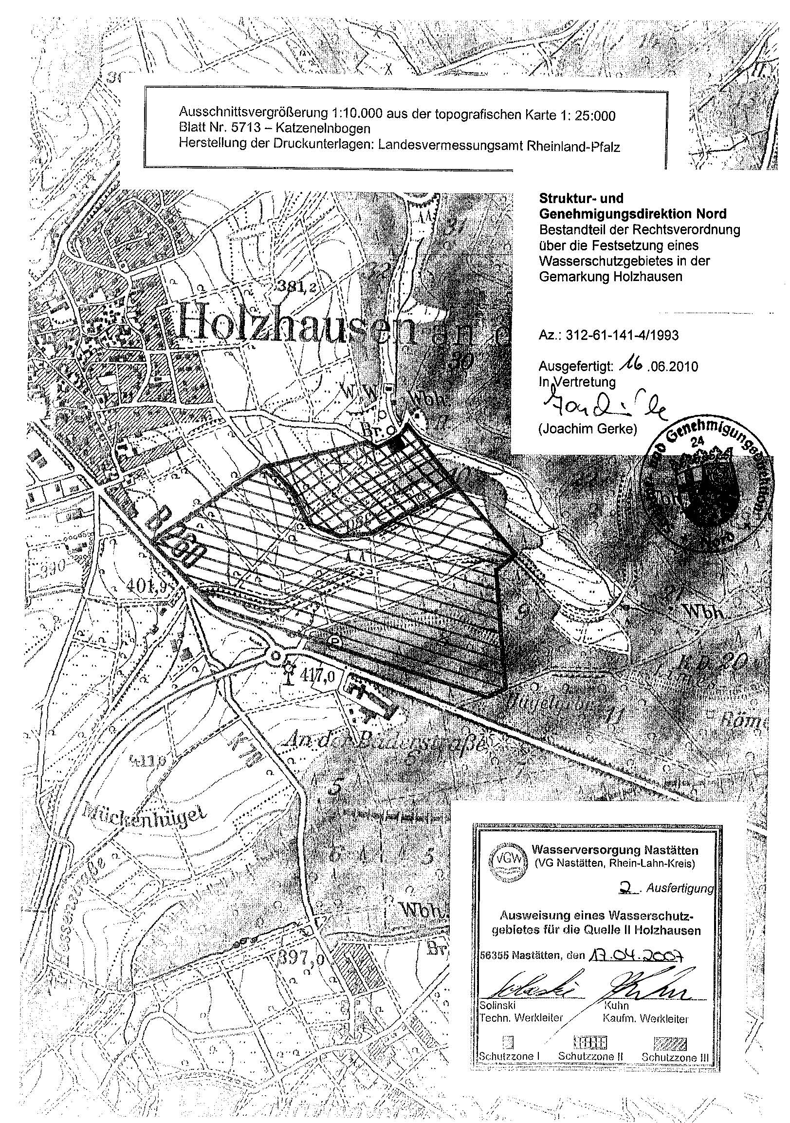 Zu sehen ist eine Übersichtskarte des Wasserschutzgebietes Nastätten (Quelle Holzhausen 2)