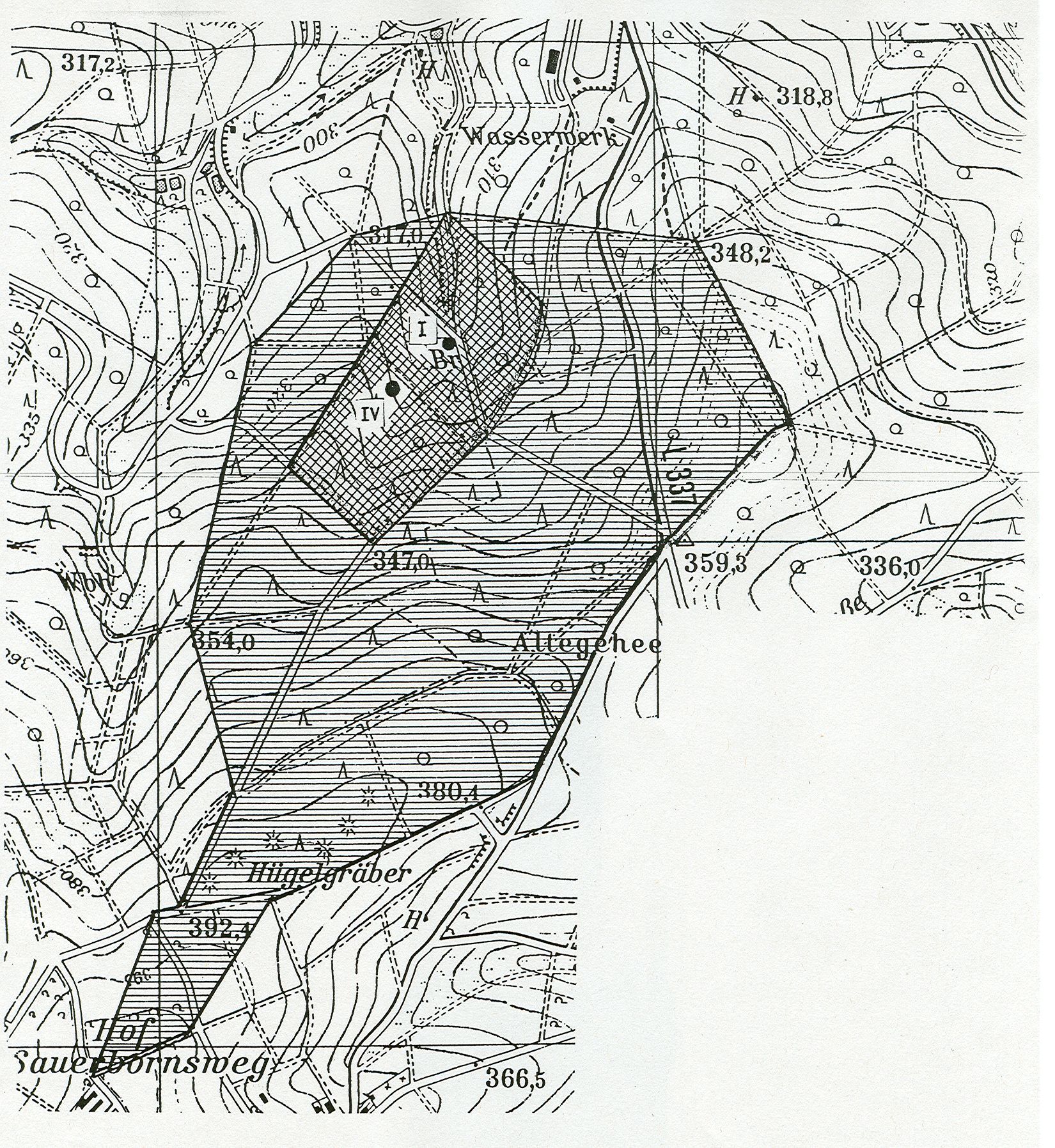 Zu sehen ist eine Übersichtskarte des Wasserschutzgebietes Nastätten (Tiefbrunnen Nastätten I und IV (Dauborn))