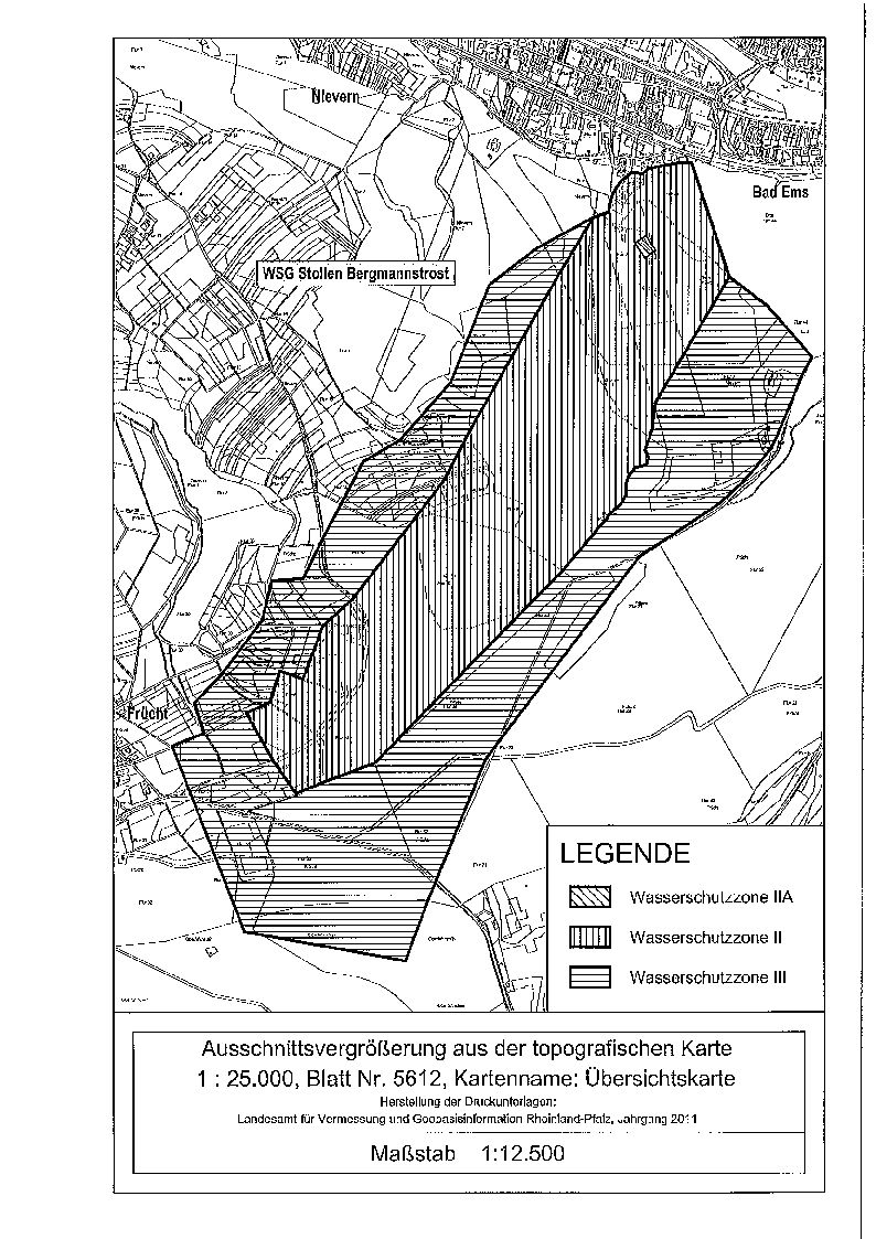 Zu erkennen ist eine Übersichtskarte des Wasserschutzgebietes der Verbandsgemeinde Bad Ems-Nassau (Stollen Bergmannstrost).