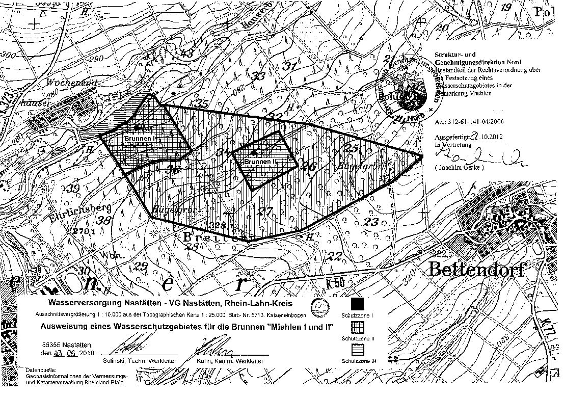 Zu sehen ist eine Übersichtskarte des Wasserschutzgebietes der VG Nastätten (Brunnen Miehlen 1 und 2)