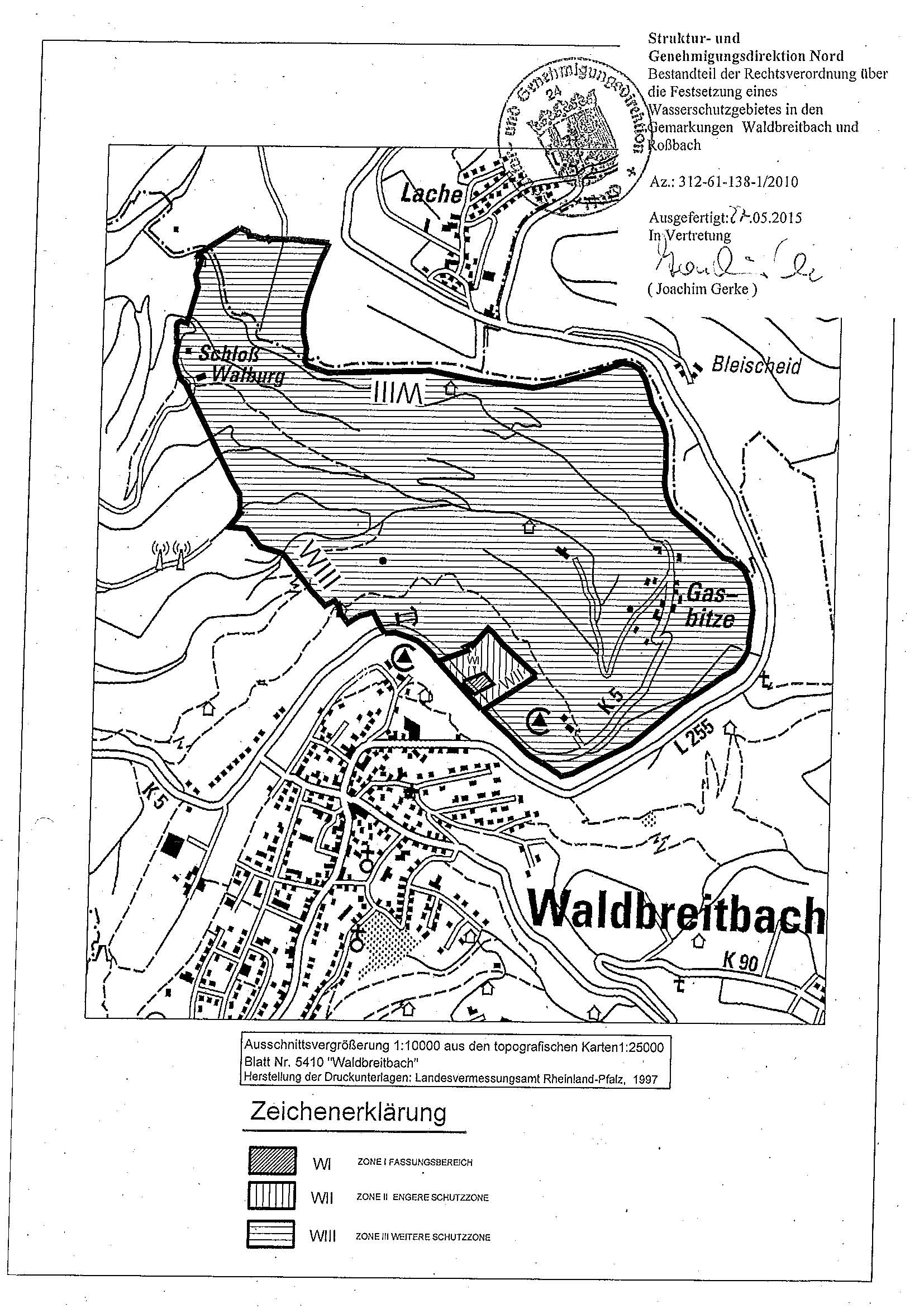 Zu sehen ist eine Übersichtskarte des Wasserschutzgebietes Waldbreitbach/Roßbach (Brunnen Waldbreitbach)